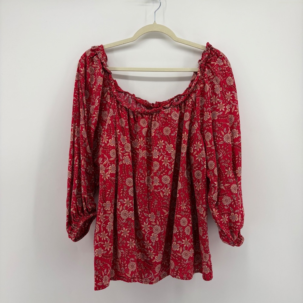 St. Johns Bay Womens 1X Red Floral Peasant Blouse Square Neck Long Sleeve Boho